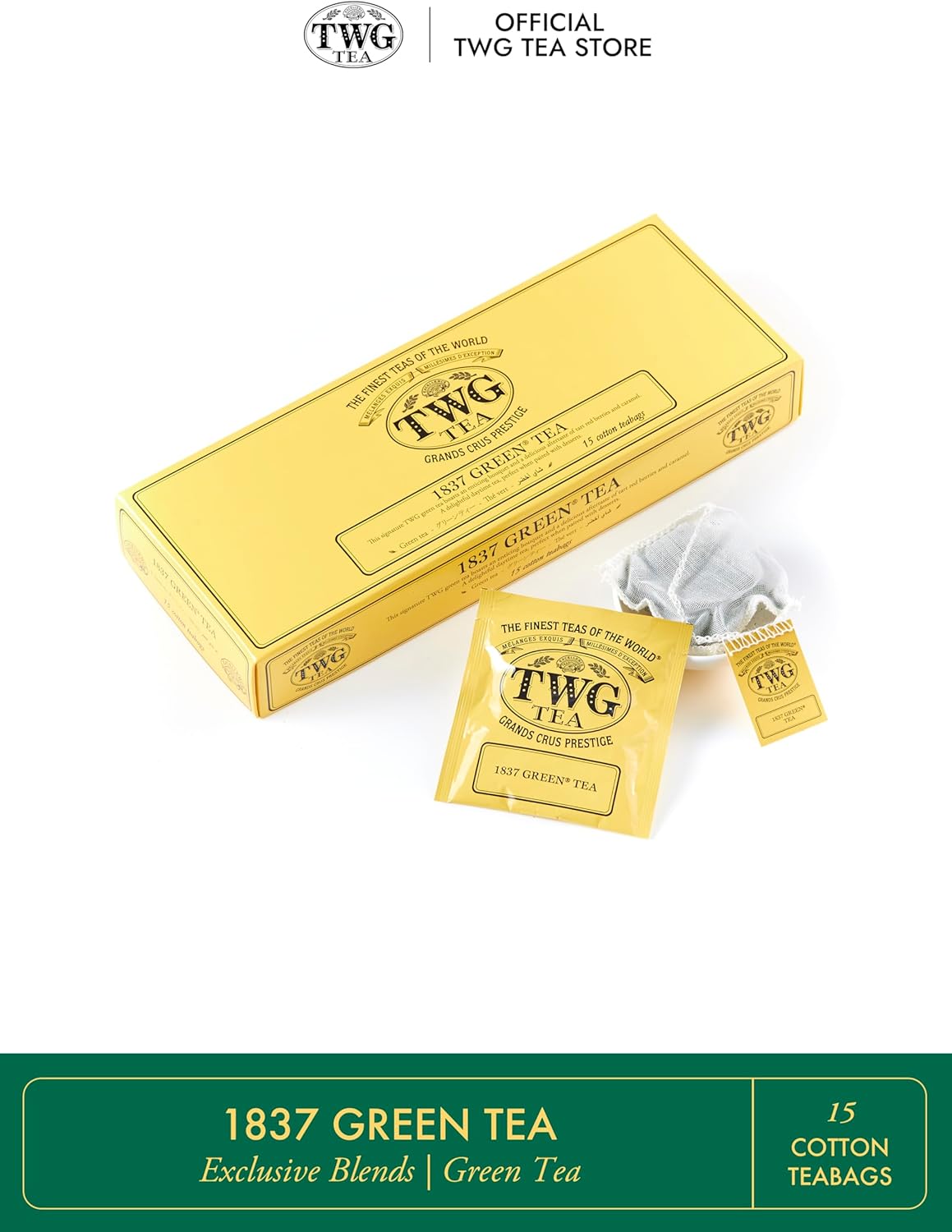 TWG Tea | 1837 Green Tea | Green Tea | Strawberry & Caramel | 15 Hand Sewn Cotton Tea Bags | Gift Set