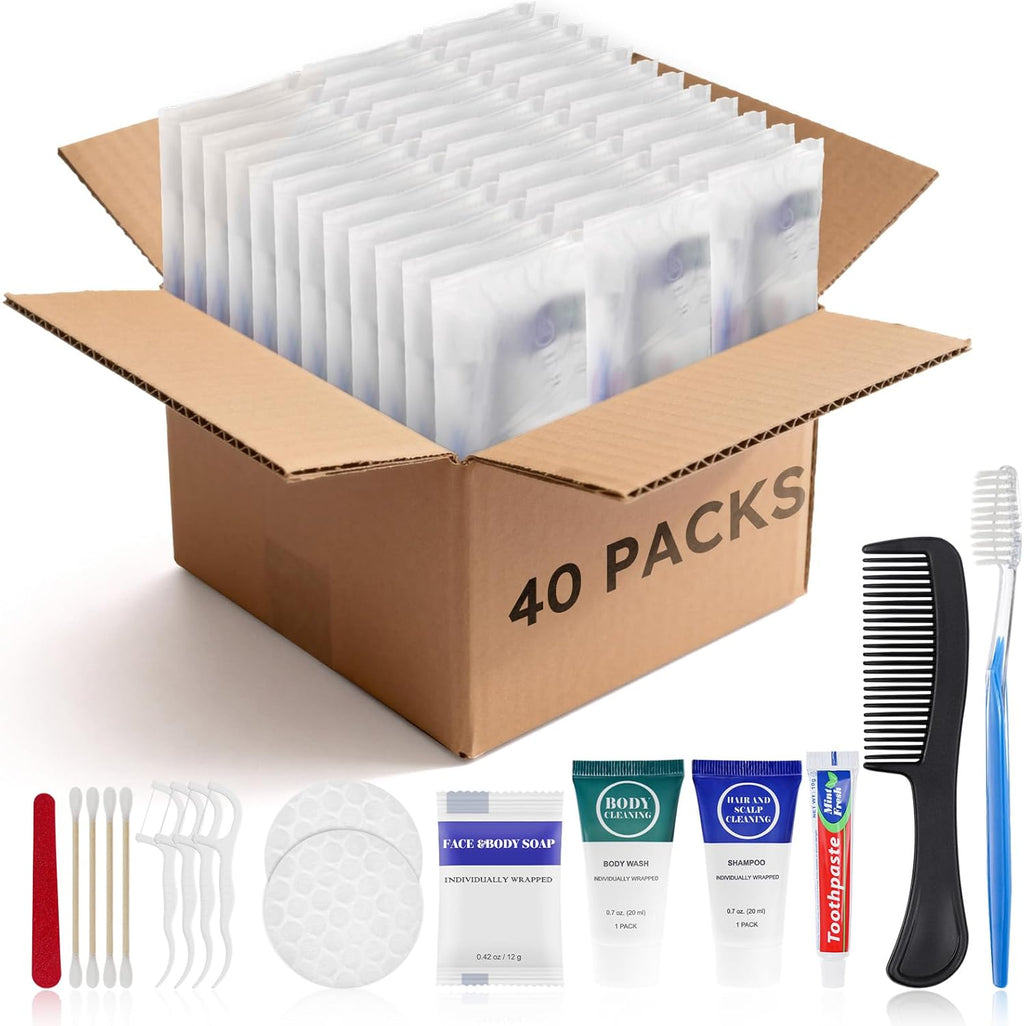 Toiletry Kits Travel Essentials Disposable Hygiene in Bulk, Trial Size Toiletries Supplies Individually Wrapped Traveling Personal Care Items, for Camping, Hotel, Homeless, Charity, 8-in-1 (40-Pack)