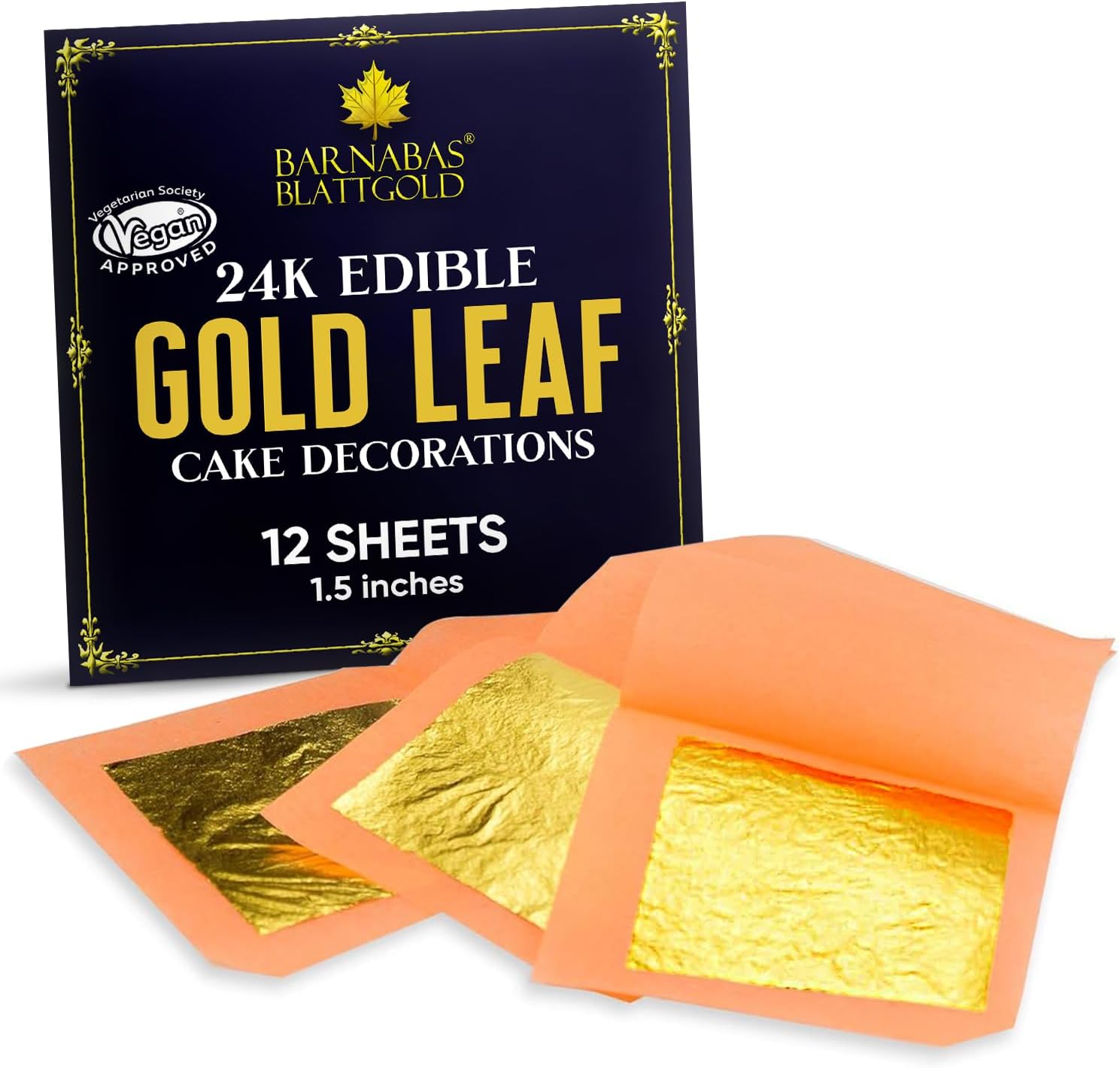 Barnabas Edible Gold Leaf 24K - Cake Decorations, Loose Gold Leaf Sheets for Cupcakes - 1.5 inches, Interleaf of 12