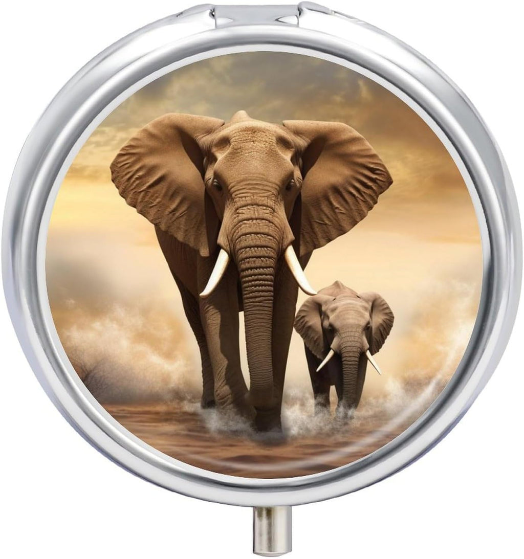 Travel Pill Box for Purse & Pocket,Elephant And Baby Elephant Print Metal Small Pill Case,Round Cute Pill Organizer,3 Compartment Pill Container,Mini Pill Boxes for Pills,Vitamins,Supplements,and Fish