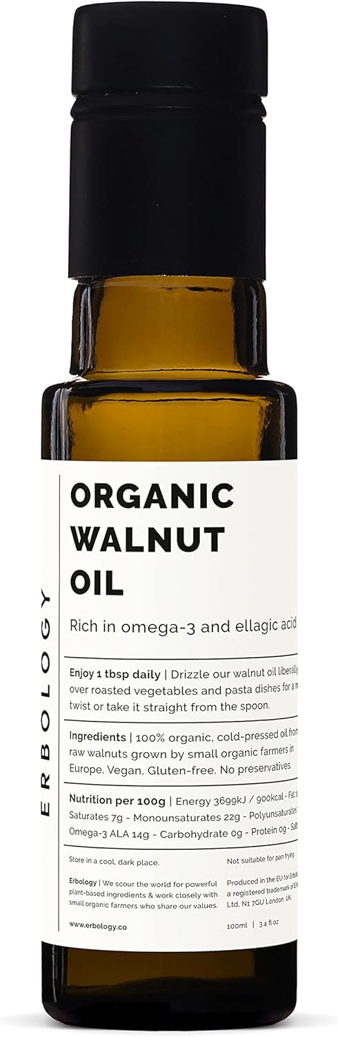 Erbology Organic Walnut Oil 3.4 fl oz - Cold-Pressed - Supports Cognitive Health - Straight from Farm - Non GMO - No Additives or Preservatives - Recyclable Glass Bottle