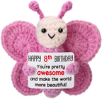 Pink Crochet Butterfly 8th Birthday Gift for Girls, Handmade 4" Amigurumi Plush with “Happy 8th Birthday” Sign, Cute Desk Decor, Small Stuffed Butterfly for Daughter Tween Granddaughter