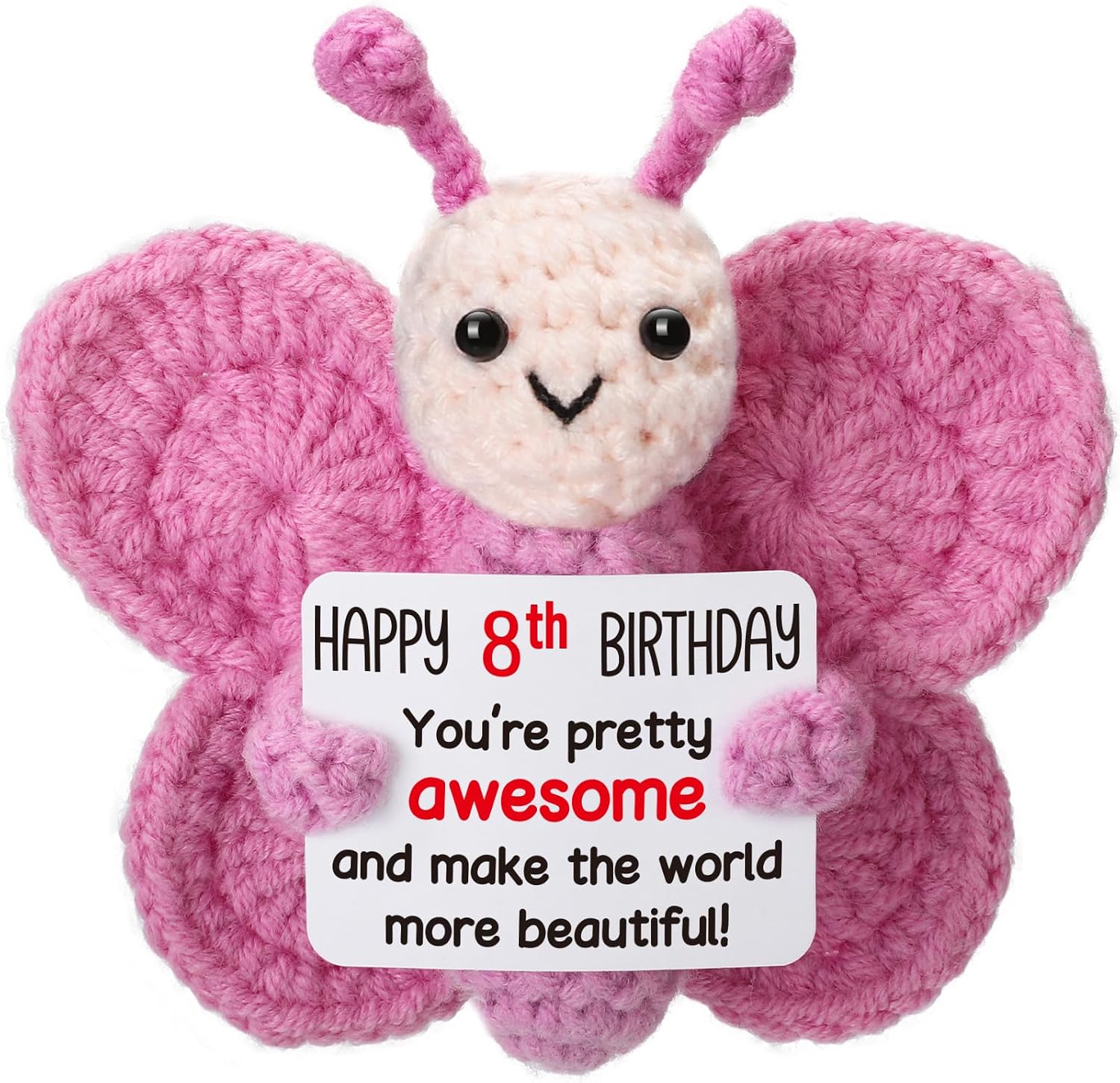 Pink Crochet Butterfly 8th Birthday Gift for Girls, Handmade 4" Amigurumi Plush with “Happy 8th Birthday” Sign, Cute Desk Decor, Small Stuffed Butterfly for Daughter Tween Granddaughter