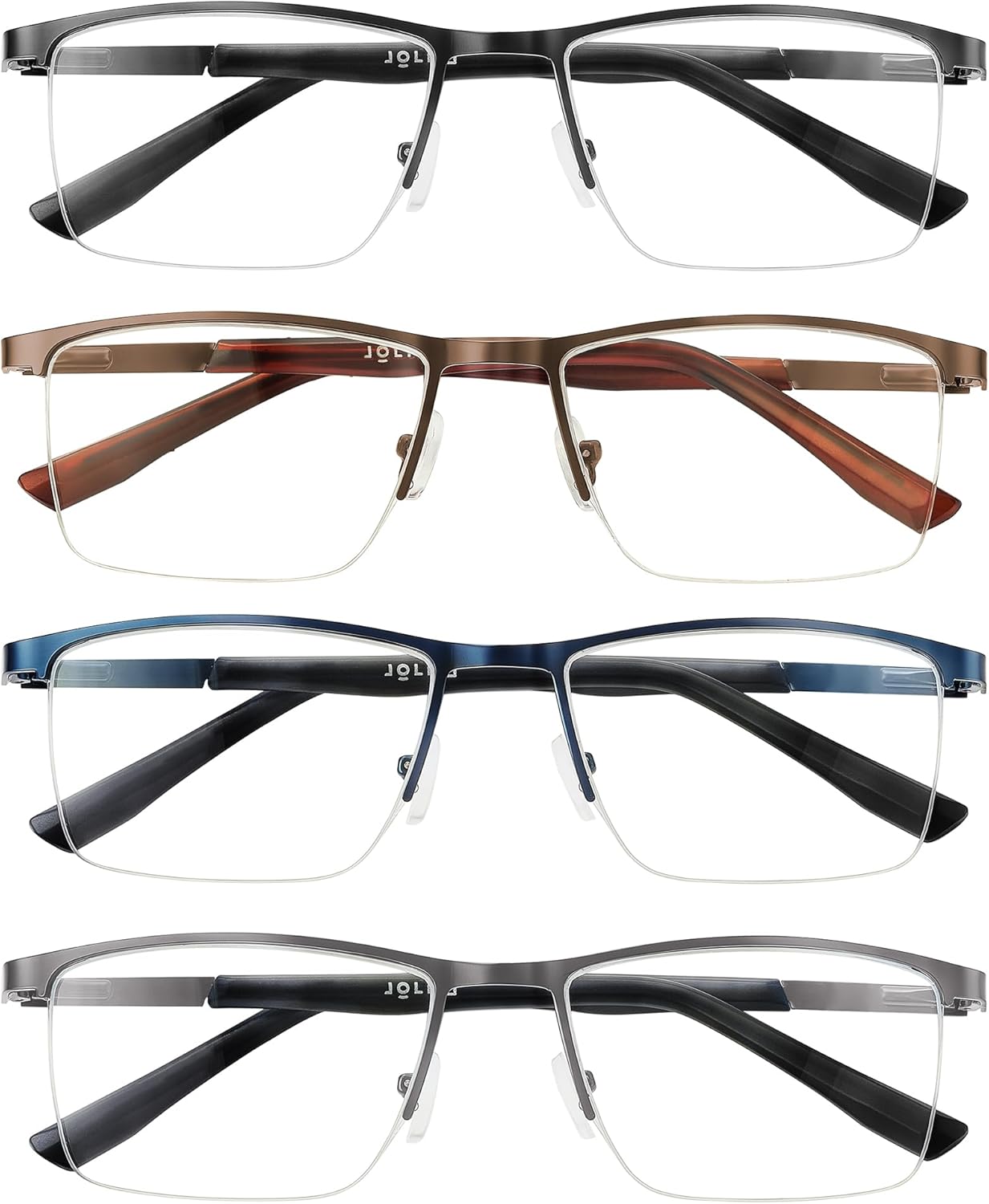 JOLISU 4 Pack Reading Glasses Men, Blue Light Blocking Computer Half Frame Metal Readers Spring Hinge Eyeglasses