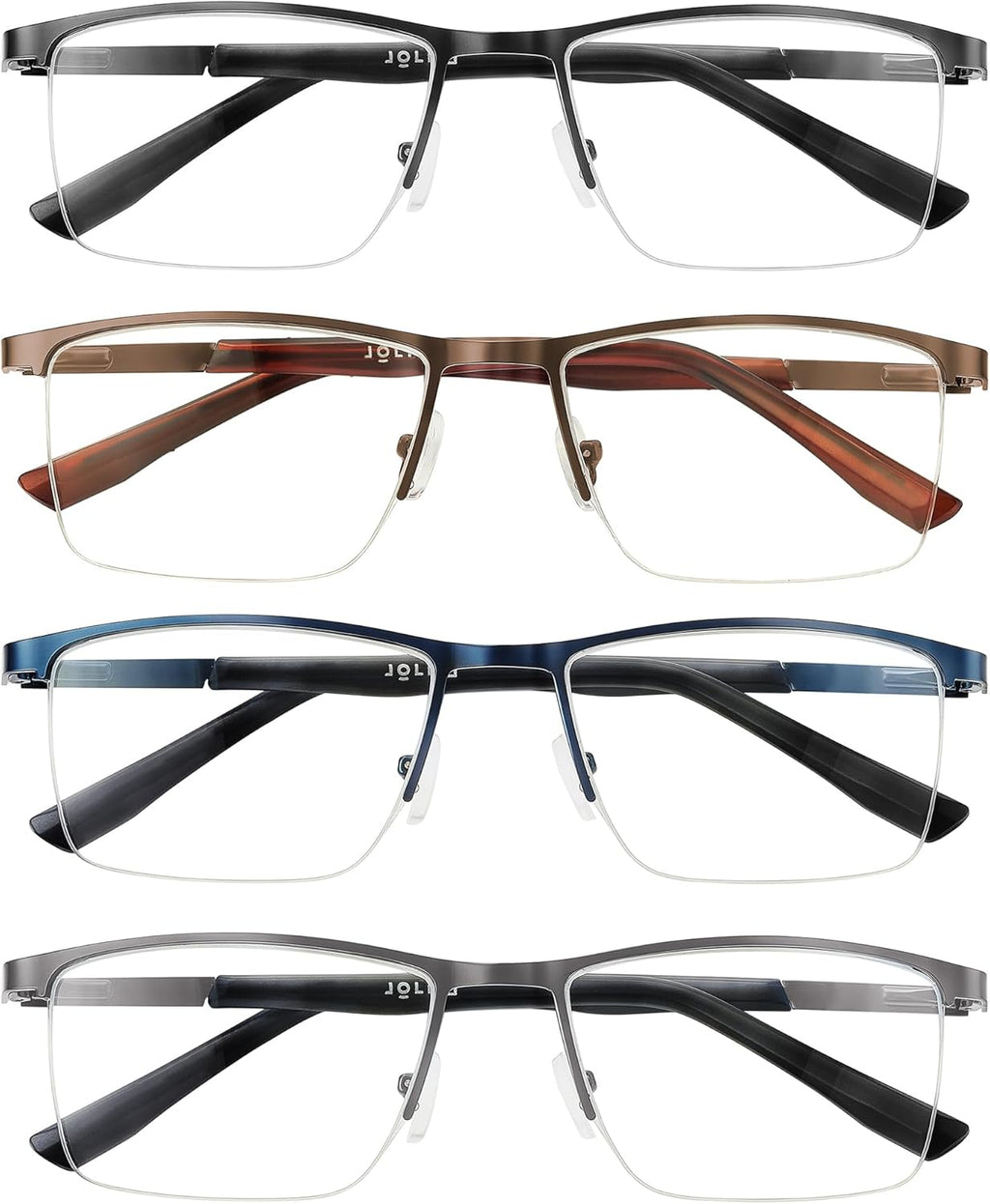 4 Pack Reading Glasses Men, Blue Light Blocking Computer Half Frame Metal Readers Spring Hinge Eyeglasses