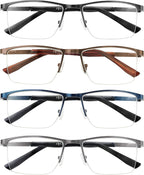 4 Pack Reading Glasses Men, Blue Light Blocking Computer Half Frame Metal Readers Spring Hinge Eyeglasses