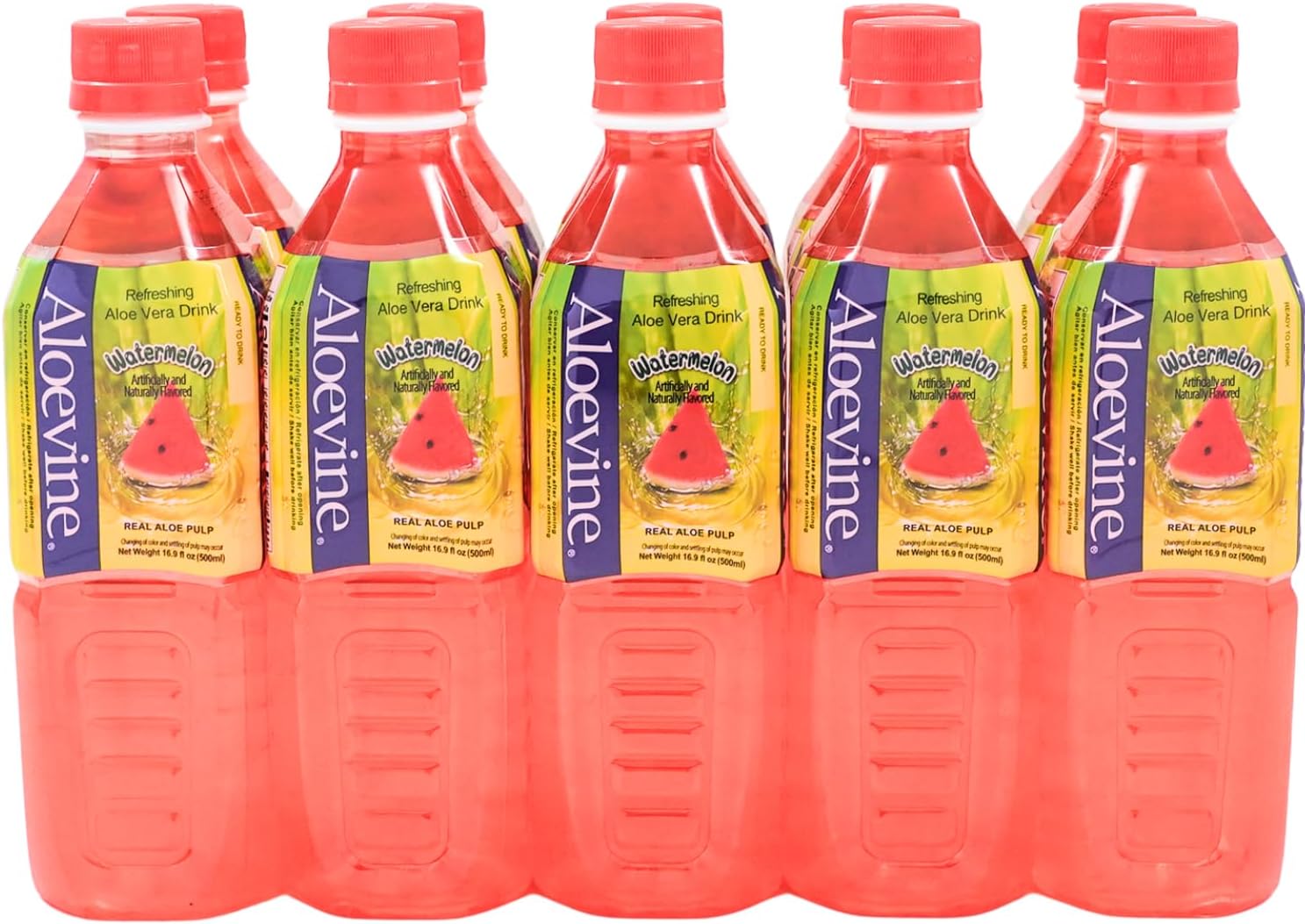 ALOEVINE Aloe Vera Juice drink Watermelon pure with chunks of aloe | 16.9 Oz 10 pack | plant based Vegetable Korean drinks