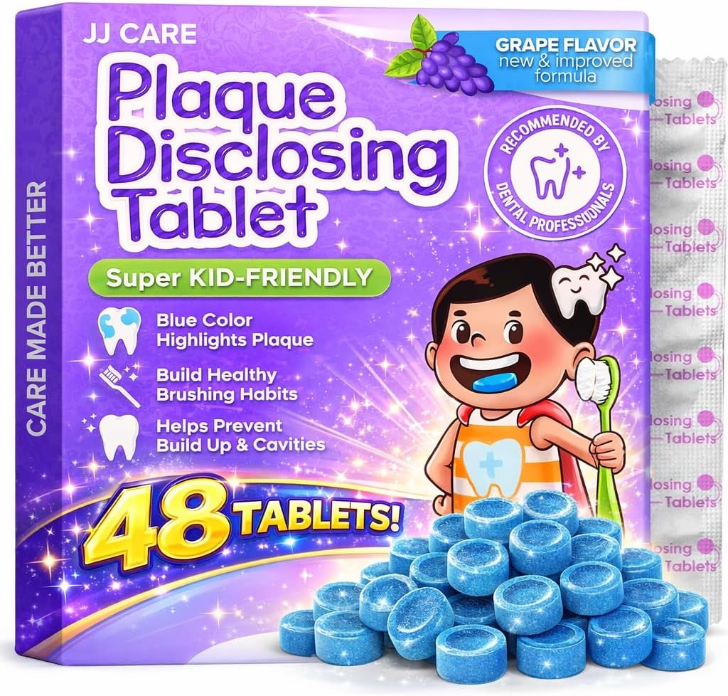 JJ Care Disclosing Tablets for Kids - 48 Count, Individually Wrapped Plaque Disclosing Tablets for Kids Brushing Teeth, Grape Flavored Plaque Remover, Dental Care for Teeth Brushing