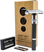 Parker, 96R Graphite Gray Long Handle Butterfly Open Double Edge Safety Razor for Men, 5 Parker Premium Platinum Double Edge Razor Blades Included