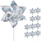 10 Pack Reflective Pinwheels for Garden Yard - Sparkly Silver Bird Deterrent Devices for Outside - Humane Woodpecker, Pigeon & Goose Repellent Wind Spinners - Decorative Mylar Pin Wheels with Stakes