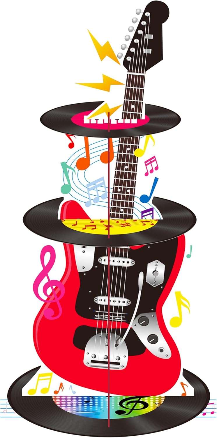 C L cooper life 3 Tier Guitar Cupcake Stand for Guitar Birthday Party Decoration Vinyl Record Music Note Cupcake Holder Music Theme Dessert Tower for Guitar Music Theme Party Baby Shower Supplies