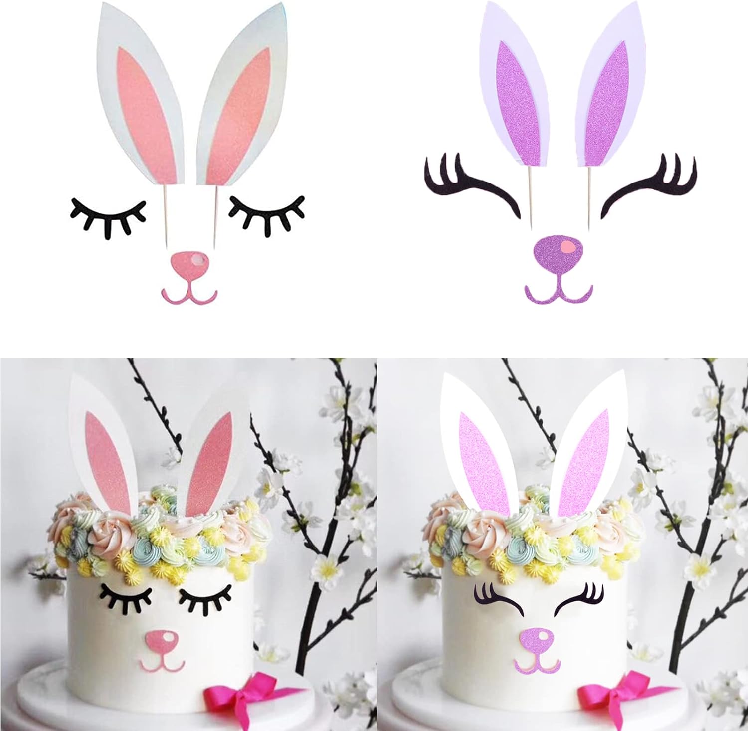 2 Pack Bunny Ears Cake Topper Decorations with Eyelashes Nose Ear, Cupcake Topper for Easter, Christmas, Birthday Party Decor