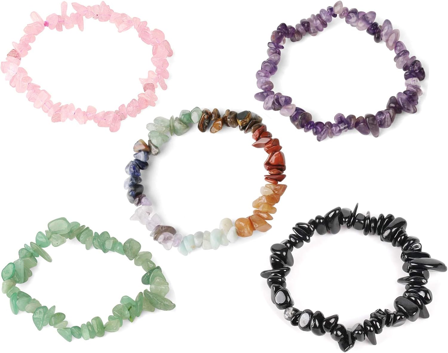 5 Pcs Natural Gemstone Chakra Crystal Healing Chip Stretch Bracelets,Gemstone Polished Irregular Crystals Stone Reiki Yoga Chipped Gravel Bead Jewelry Accessories