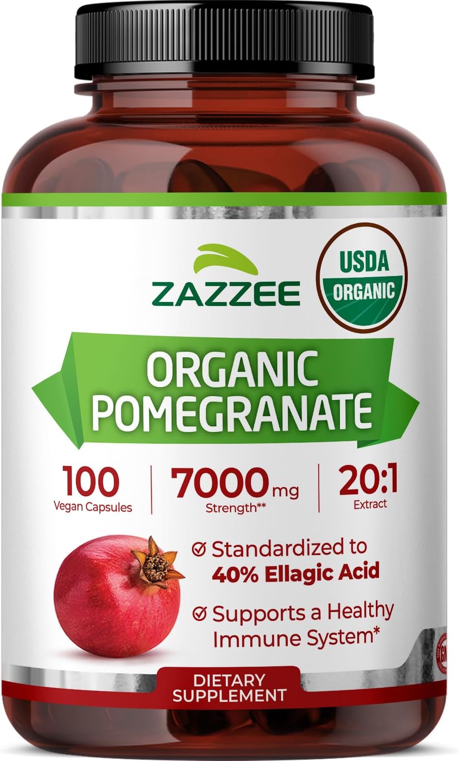 Zazzee USDA Organic Pomegranate 20:1 Extract, 40% Ellagic Acid, 100 Vegan Capsules, 3+ Month Supply, Punica Granatum, Antioxidant, Immune & Polyphenol Support, All-Natural, Non-GMO, Made in the USA