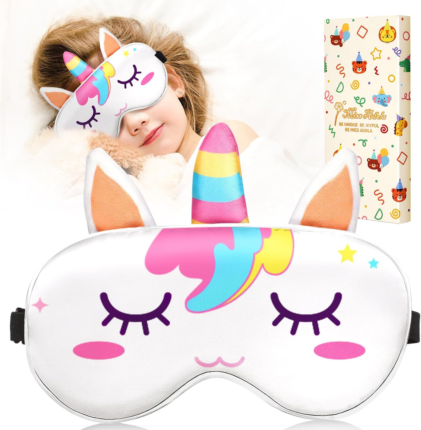 Miss Adola Sleep Mask for Kids - Valentines Gift for Kids Cute Silk Eye Cover for Sleeping Soft Kawaii Eyeshade Animal Eye Blindfold with Adjustable Strap for Girls Teens, Unicorn