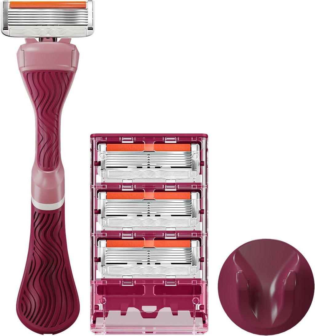 Dollar Shave Club for Women | 1 Maroon Wavy Grip Handle, 4 Razor Refills, 1 Shower Hanger | Razors for Women, Womens Razors for Shaving