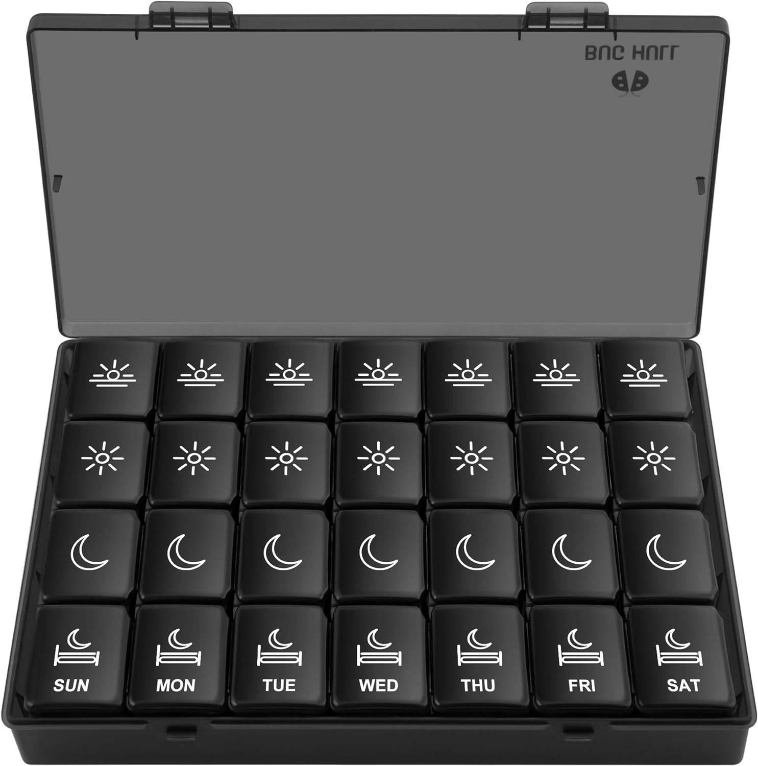 XL Pill Organizer 4 Times a Day,BUG HULL Large Weekly Pill Box for Travelling, Portable Pill Cases 7 Day pill Container Removable Daily Medicine Organizer for Cod-liver oil,Vitamins,Supplements(Black)