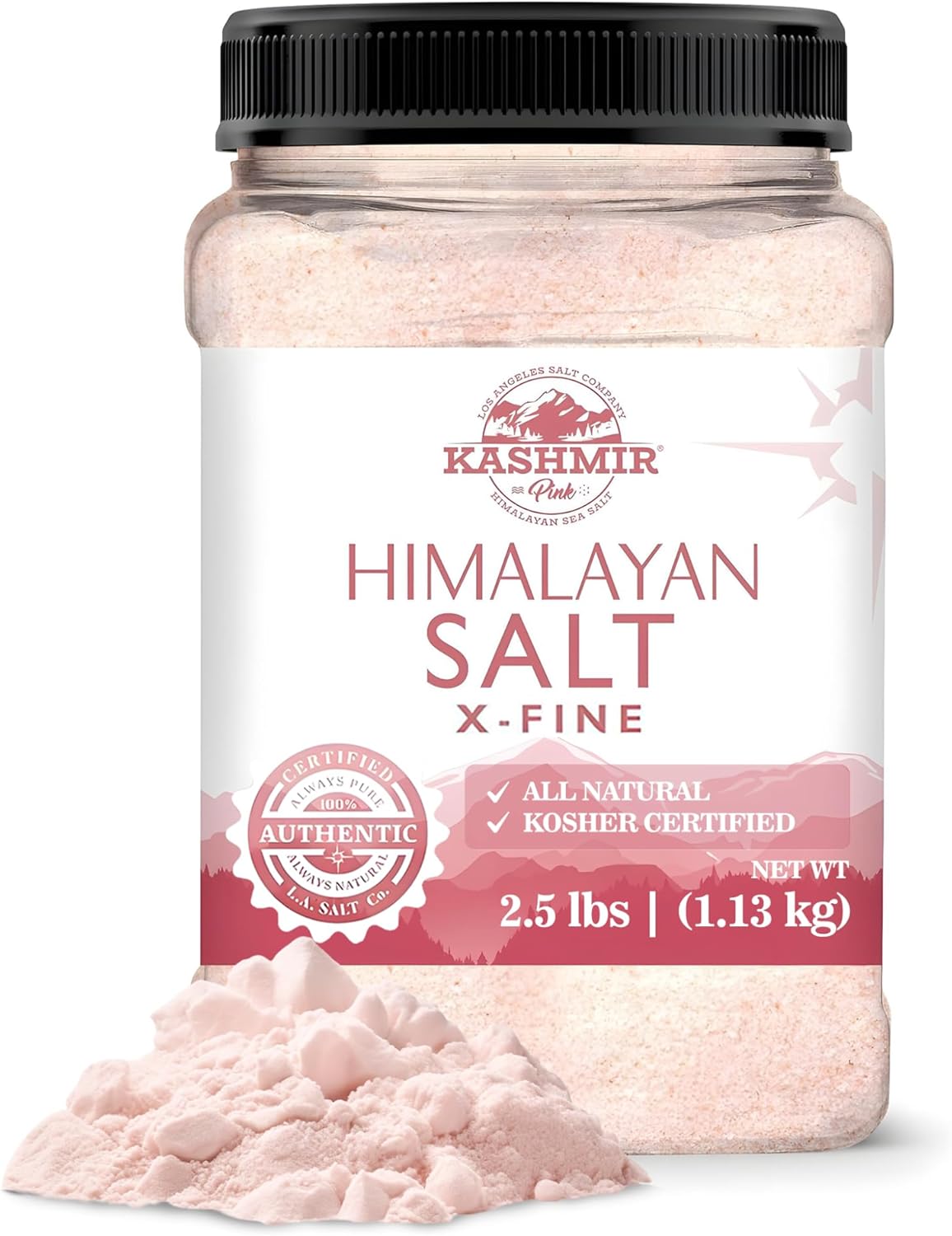LA SALT CO Kashmir 2.5 Lbs Pink Himalayan Salt Jar, X-Fine | 100% Pure, Food Grade with 84 Trace Minerals | Kosher Certified, Vegan, Non-GMO, & Cruelty-Free