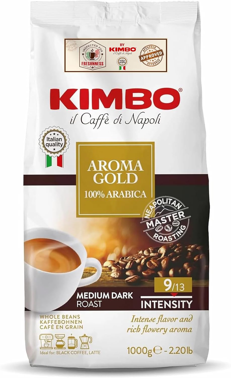 Kimbo Aroma Gold | 100% Arabica Whole Bean Coffee | Medium Dark Roast | 9/13 Intensity | 2.2 Lbs (1kg) Bag