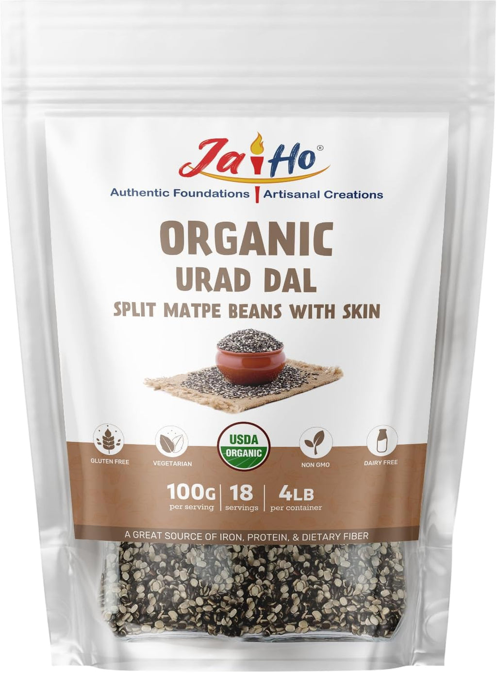 Jai Ho Certified Organic Urad Dal with Skin (Split Matpe Beans with Skin) 4 lb - USDA Organic | Non-GMO | Chemical-Free | Premium Quality Kosher