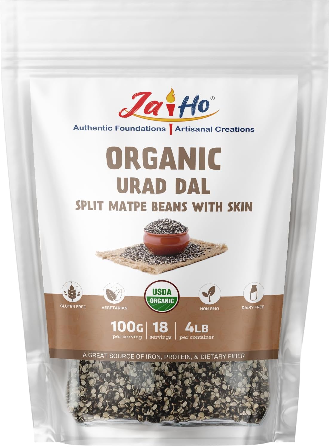 Jai Ho Certified Organic Urad Dal with Skin (Split Matpe Beans with Skin) 4 lb - USDA Organic | Non-GMO | Chemical-Free | Premium Quality Kosher