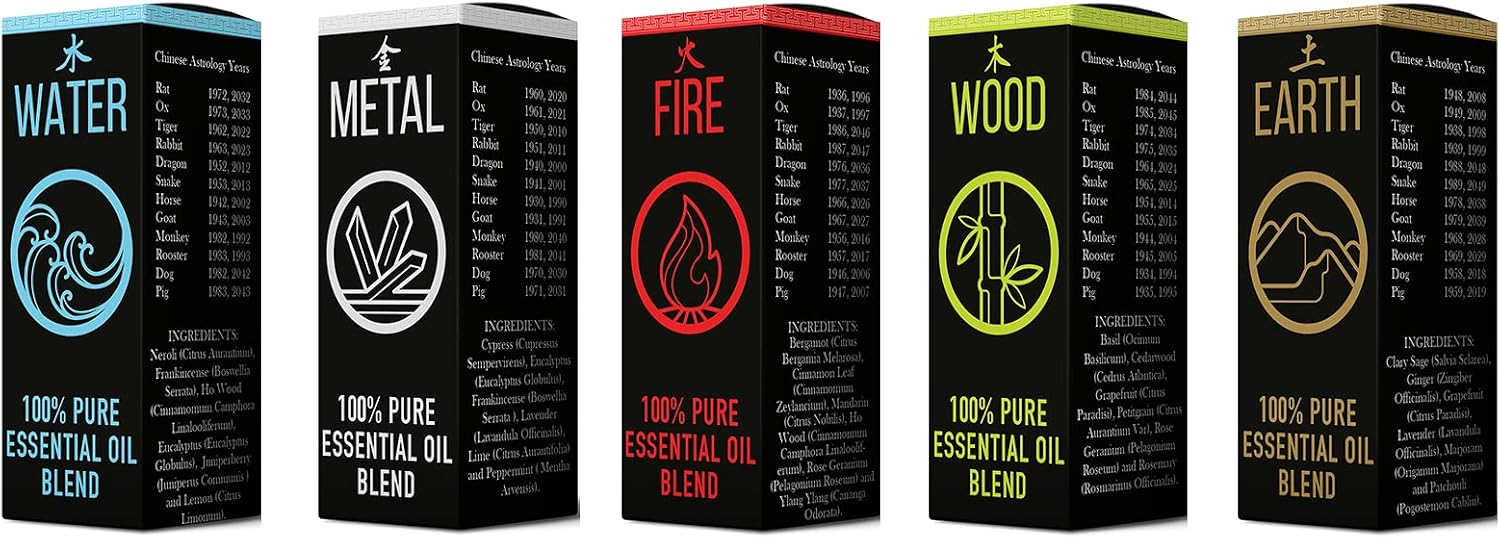 Mystic Moments | Chinese Elements Essential Oil Blend Gift Pack 5x10ml | Wood, Fire, Earth, Metal & Water