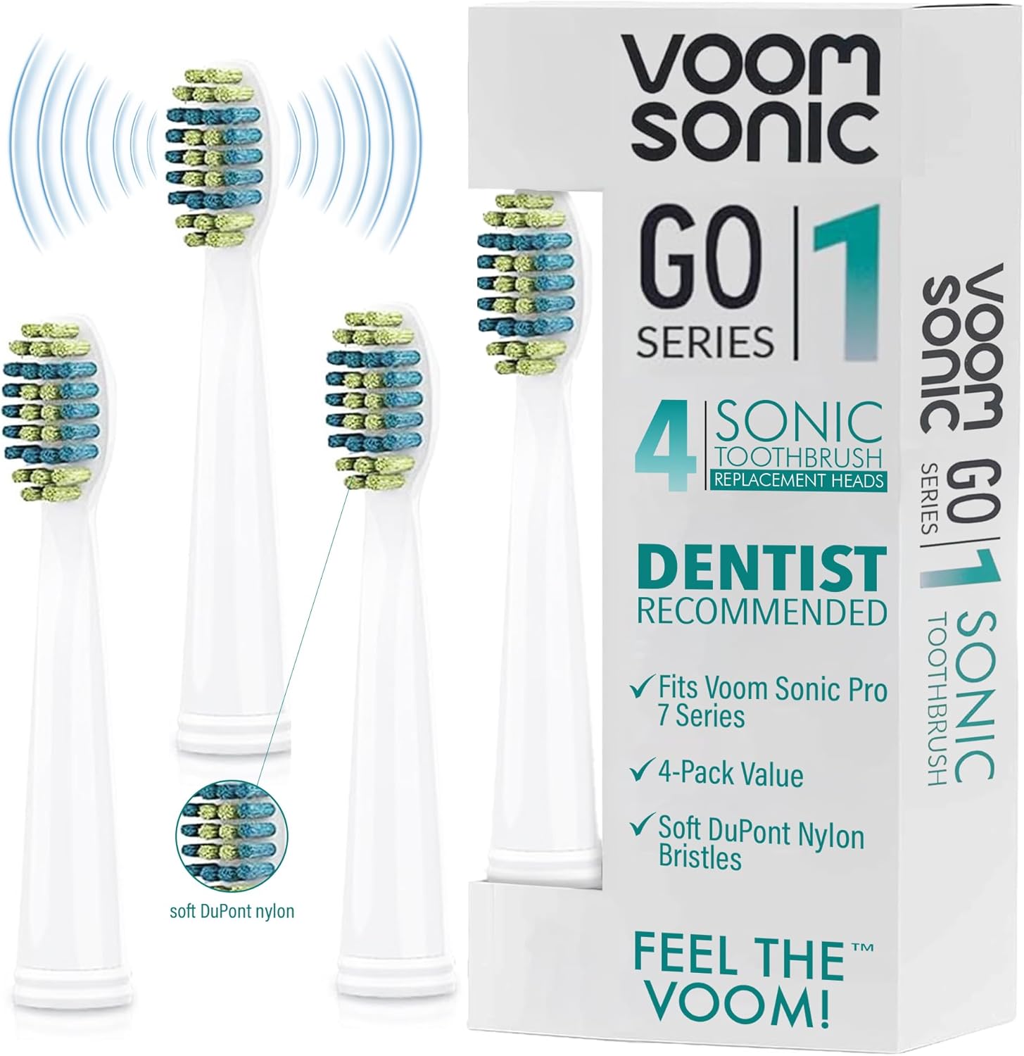 Voom Sonic Pro 7 Series Replacement Brush Heads Advanced Bristle Technology Soft Dupont Nylon Bristles Oral Care - White - Pack of 4