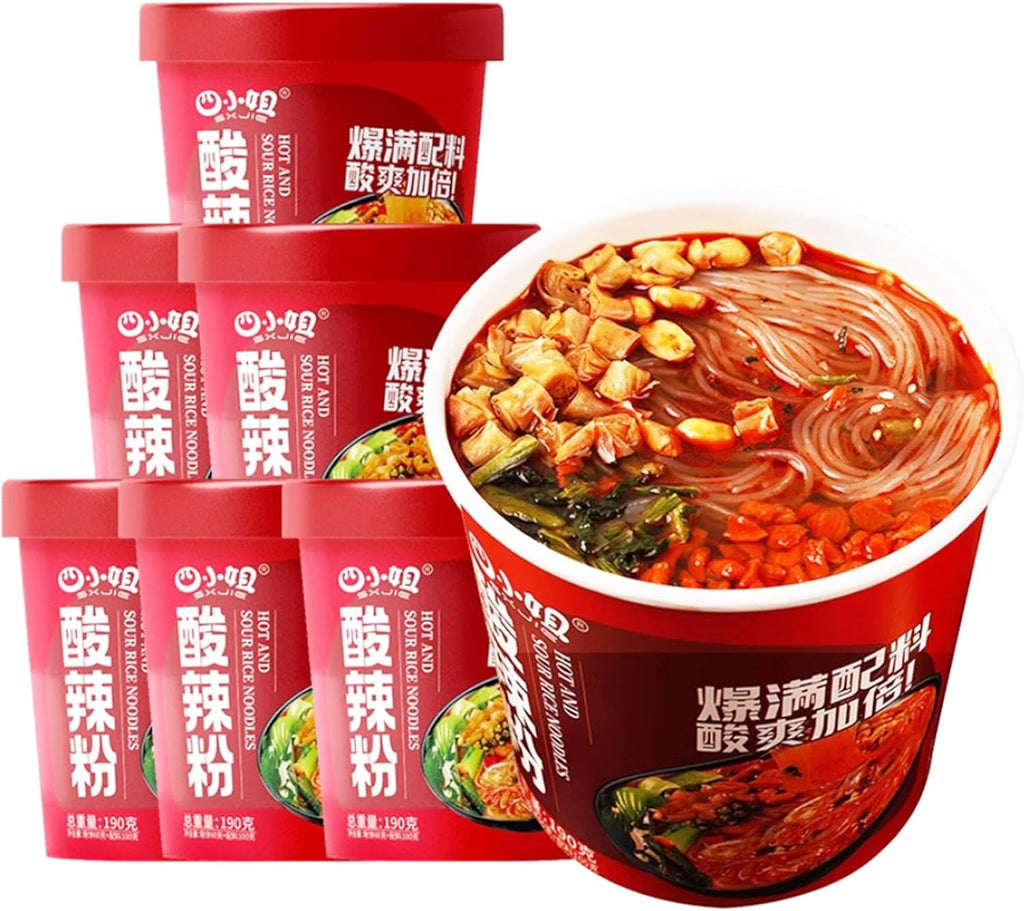 Hot and Sour Noodle Soup Mix Cups, Instant Ramen Noodle Cup Pot Glass Noodles Vermicelli Noodles Noodle Soup, Spicy Szechuan Flavor, 6 Pack/7oz