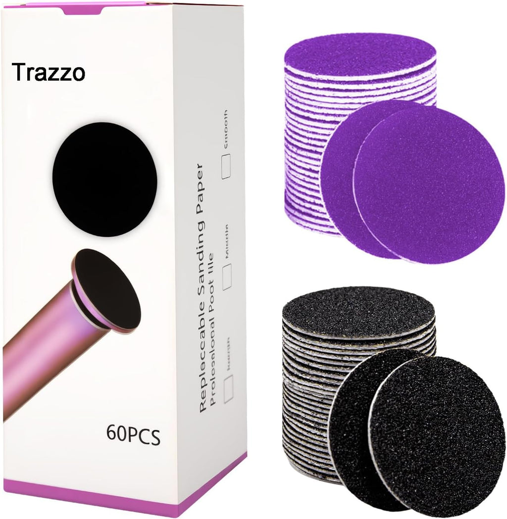 Trazzo 80/120/180 Grit Replacement Sanding Discs for Electric Foot File - Color-Coded Refill Sandpaper Pads for Callus Remover, Fits Most Round Foot Grinders (60PCS)