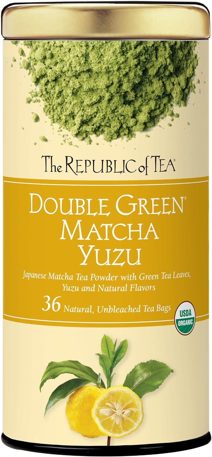 The Republic of Tea Organic Double Green Matcha Yuzu, Individual Tea Bags with Japanese Matcha Tea Powder and Green Tea Leaves Blend, Natural Unbleached Bags in Reusable Canister, 36 Tea Bags