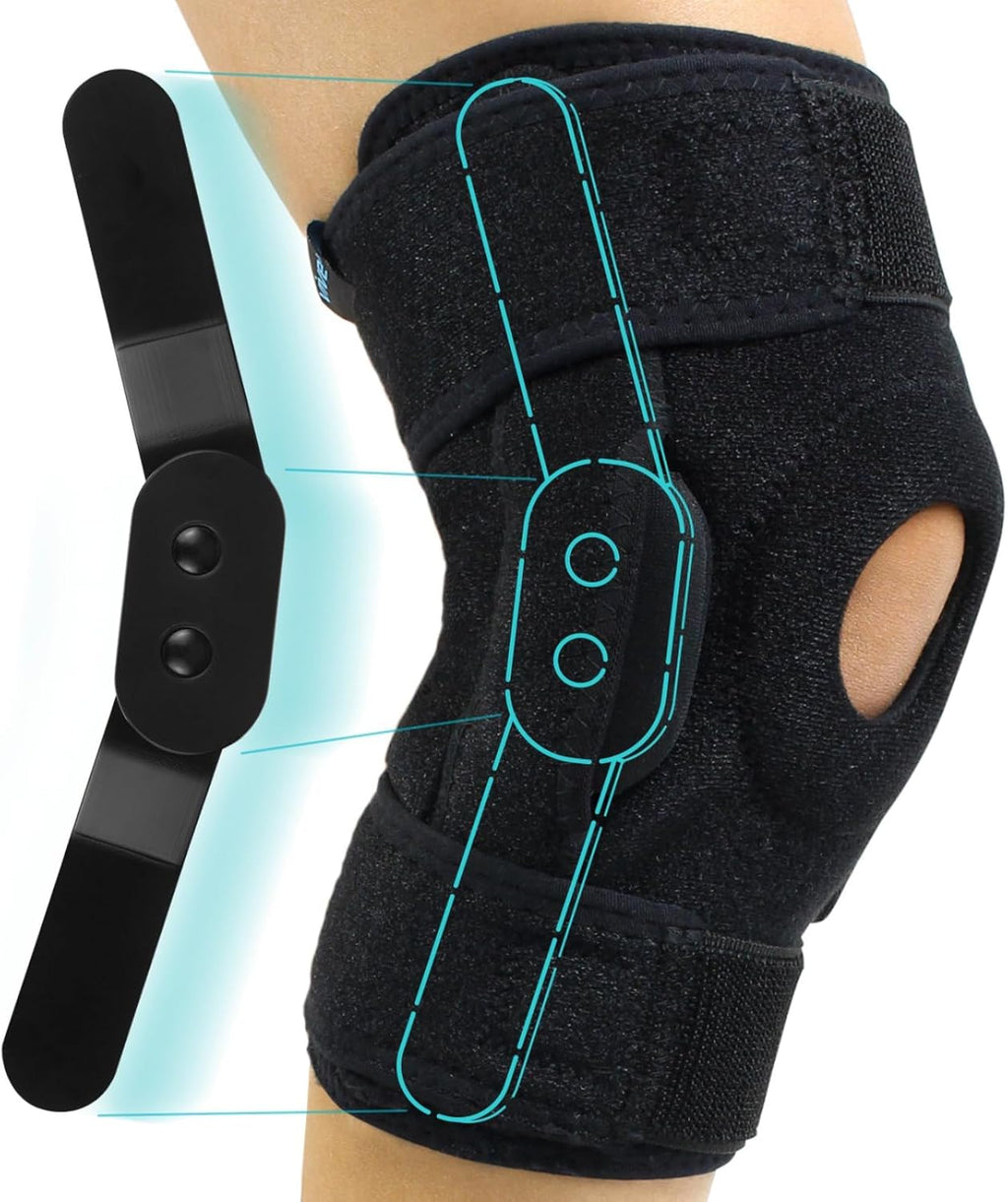 Vive Hinged Knee Brace - Relieves ACL, MCL, Meniscus Tear - Lightweight, Comfortable, Breathable Open Patella Wrap with Side Stabilizers - for Women & Men - Adjustable Strap for Tendonitis