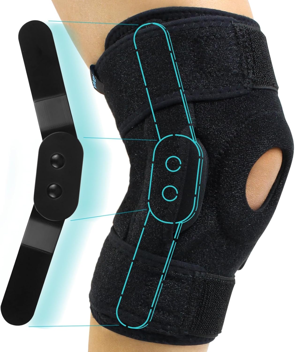 Vive Hinged Knee Brace - Relieves ACL, MCL, Meniscus Tear - Lightweight, Comfortable, Breathable Open Patella Wrap with Side Stabilizers - for Women & Men - Adjustable Strap for Tendonitis