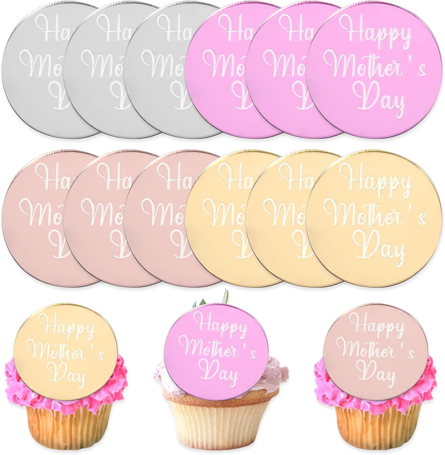 12 Pcs Happy Mother's Day Cupcake Topper Mirror Mini Round Dessert Cake Food Acrylic Accessories Party Best Mom Decorations Supplies