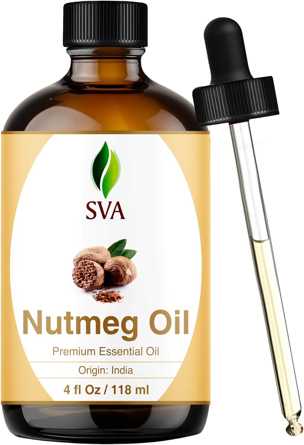 SVA Nutmeg Essential Oil – 4 Fl Oz – 100% Natural Nutmeg Oil - for Diffuser, Hair Care, Face, Skin Care, Aromatherapy, Scalp and Body Massage, Soap and Candle Making – with Dropper