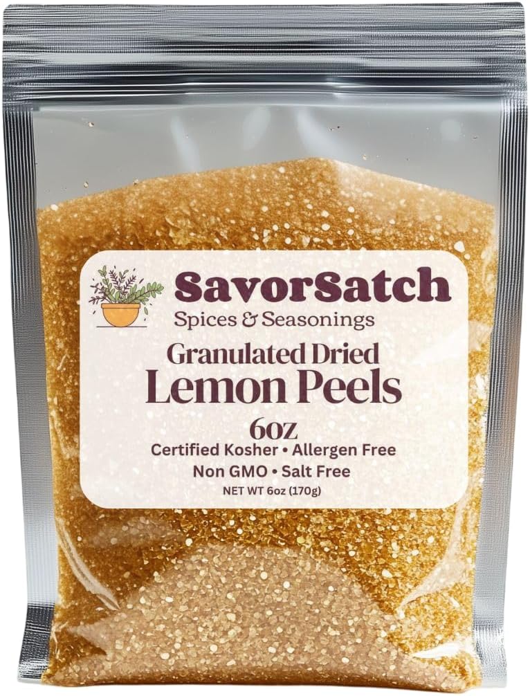 SavorSatch Lemon Peel Granules - 6oz Resealable Pouch | Certified Kosher, GMO-Free, Allergen-Free | Bulk Citrus Zest for Seasoning, Rubs, Marinades, Dressings - 6 Ounce (Pack of 1)