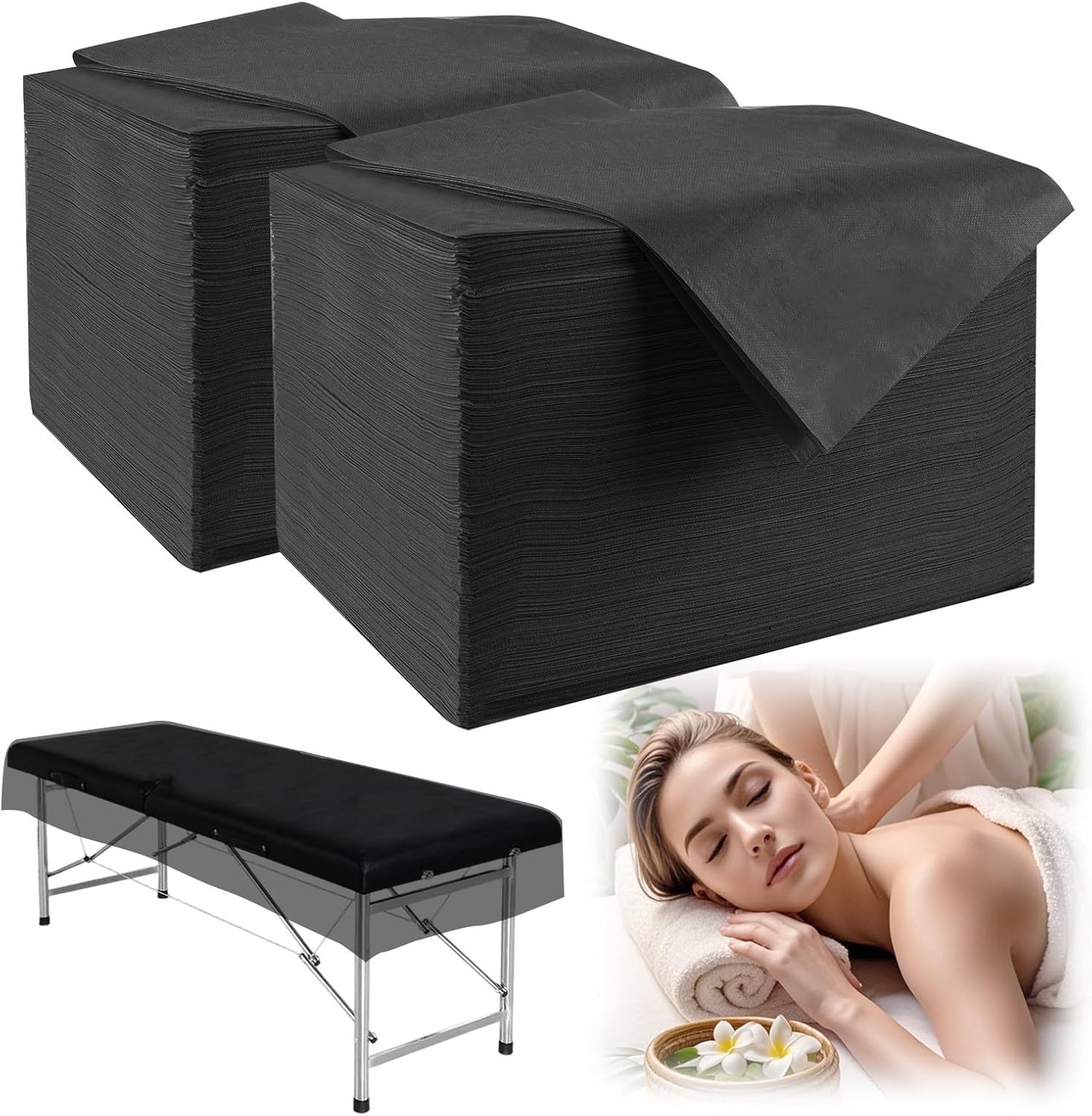 100 Pcs Disposable Massage Table Sheets 31" x 71" Non-Woven Fabric Bed Sheets Cover for Spa, Massage, Beauty Salon, Tattoos, Hotels (Black)