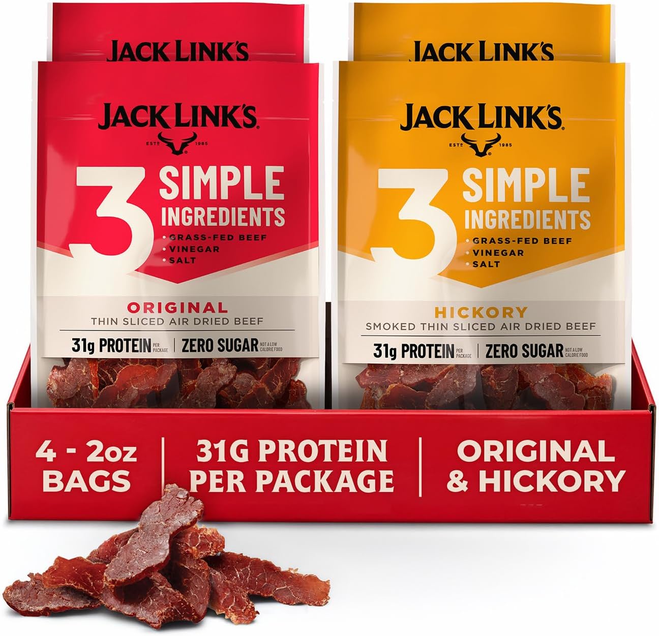 Jack Link’s Air Dried Steak Slices - Original & Hickory Flavor – 15g protein per 1 oz serving, Zero Sugar, Made with 100% Grass-Fed Beef, Thin Sliced and Tender Air-Dried Beef, Gluten Free, Paleo Friendly, Simple Protein Snack - 4 Pack