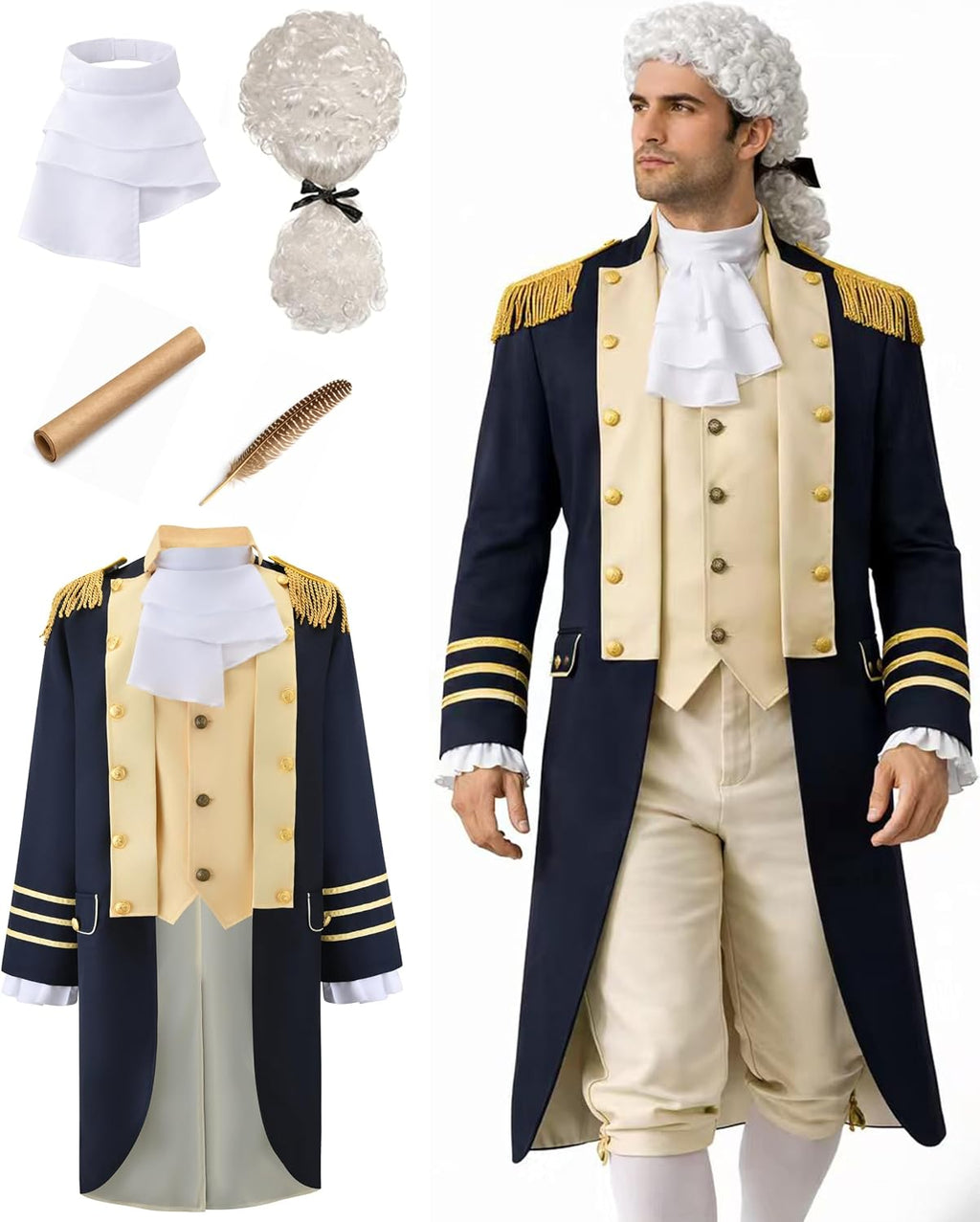 Founding Father Costume for Men Colonial Costume Outfit Revolutionary War General Uniform for Halloween DressUp