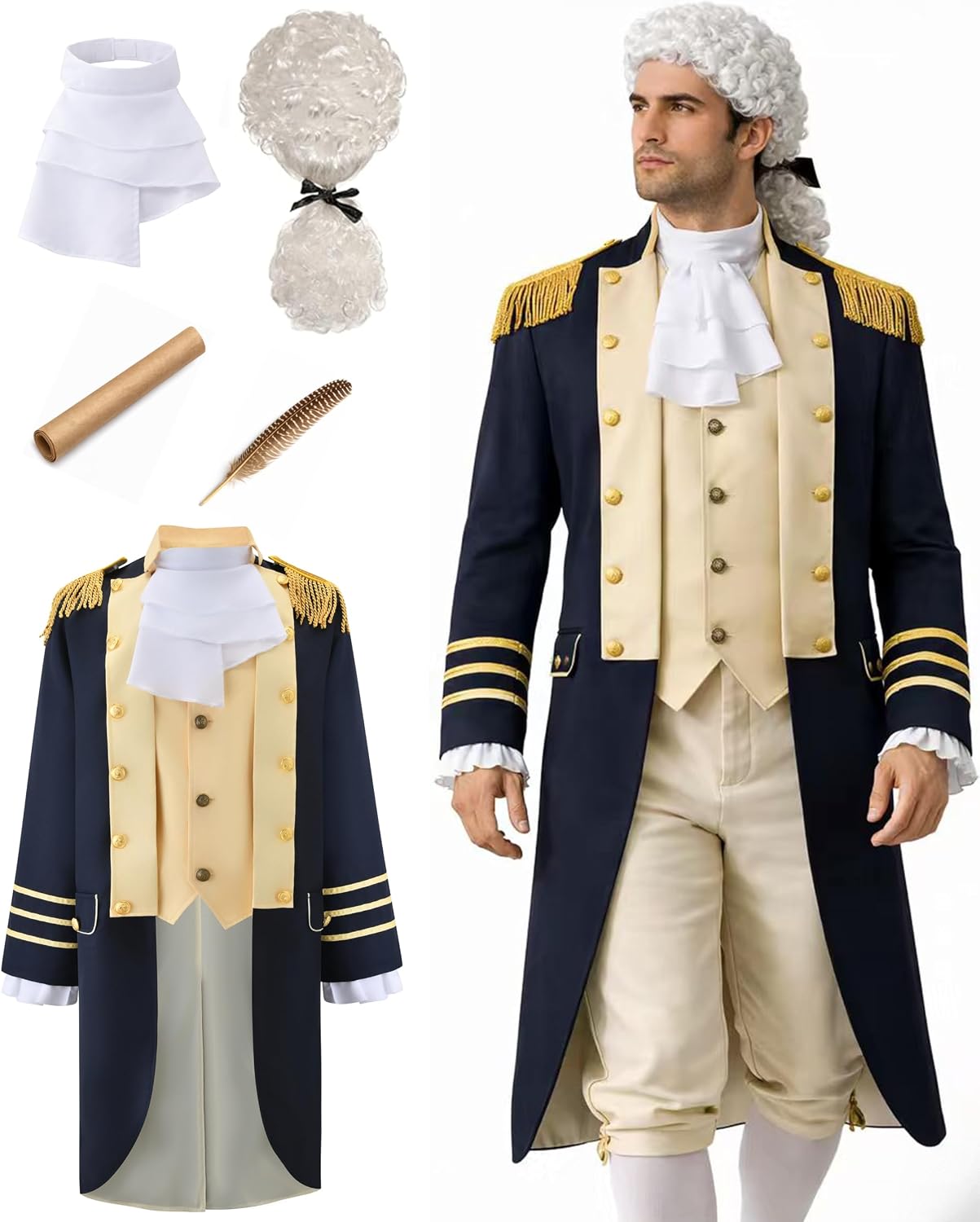 Founding Father Costume for Men Colonial Costume Outfit Revolutionary War General Uniform for Halloween DressUp