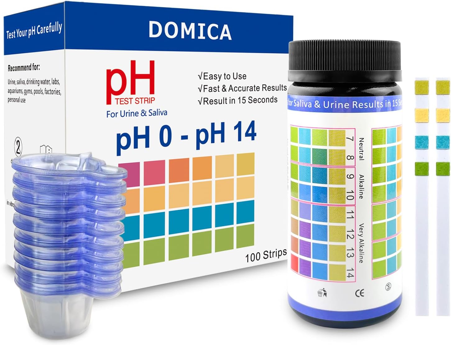pH Test Strips for Urine Saliva 100 Ct with 100 Cups, (Range 0-14) 4 in 1 pH Testing Strips or Human Body Alkaline Acid, Orak pH, Water pH, Fast 15-Second Results Home Pee Test