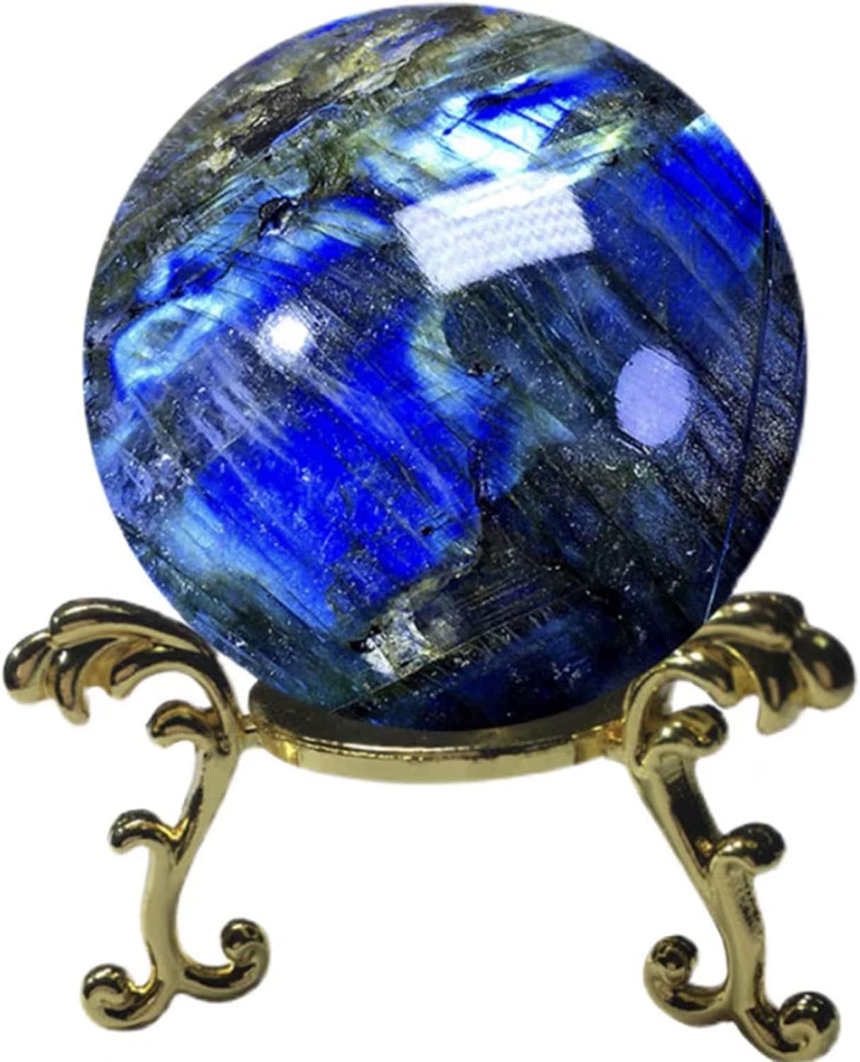 Natural Labradorite Sphere Reiki Healing Rock Quartz Crystal Ball Decoration Ornament Specimen + Stand Gift for Friends Family,Diameter7cm/2.8"
