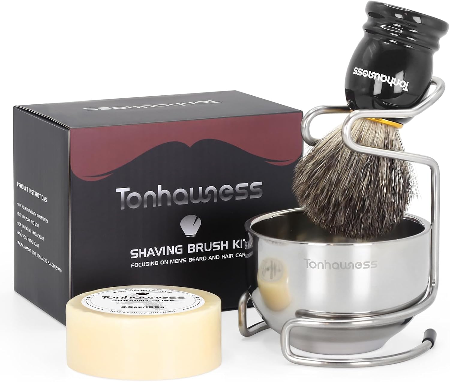 Shaving Brush Kit for Men, 4 in 1 Shaving Brushes Set Includes Badger Hair Shave Brush, Stainless Steel Shaving Bowl&Stand and Goat Milk Flavor Shaving Soap