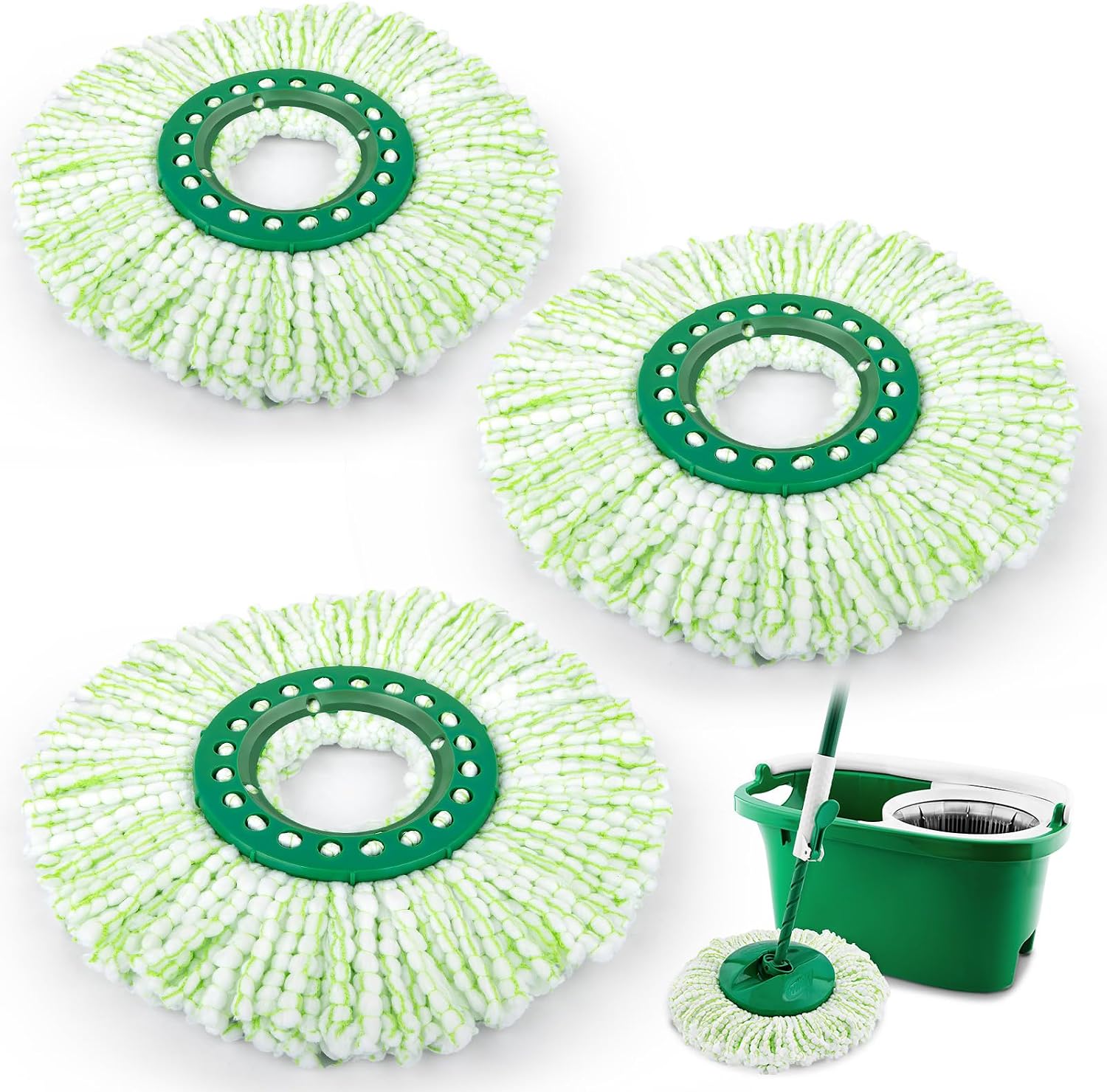 3 Pack Mop Head Replacement for Libman Tornado, Spin Mop Replacement Head ONLY Compatible with Libman, Easy to Replace, Machine Washable, Green and White (NOT for Old Version)