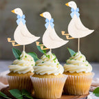 30 Pcs Silly Goose Cupcake Toppers Birthday White Goose Baby Shower Theme Decorations Party Supplies for Cake Decorations Birthday Party Supplies(Blue Bow)