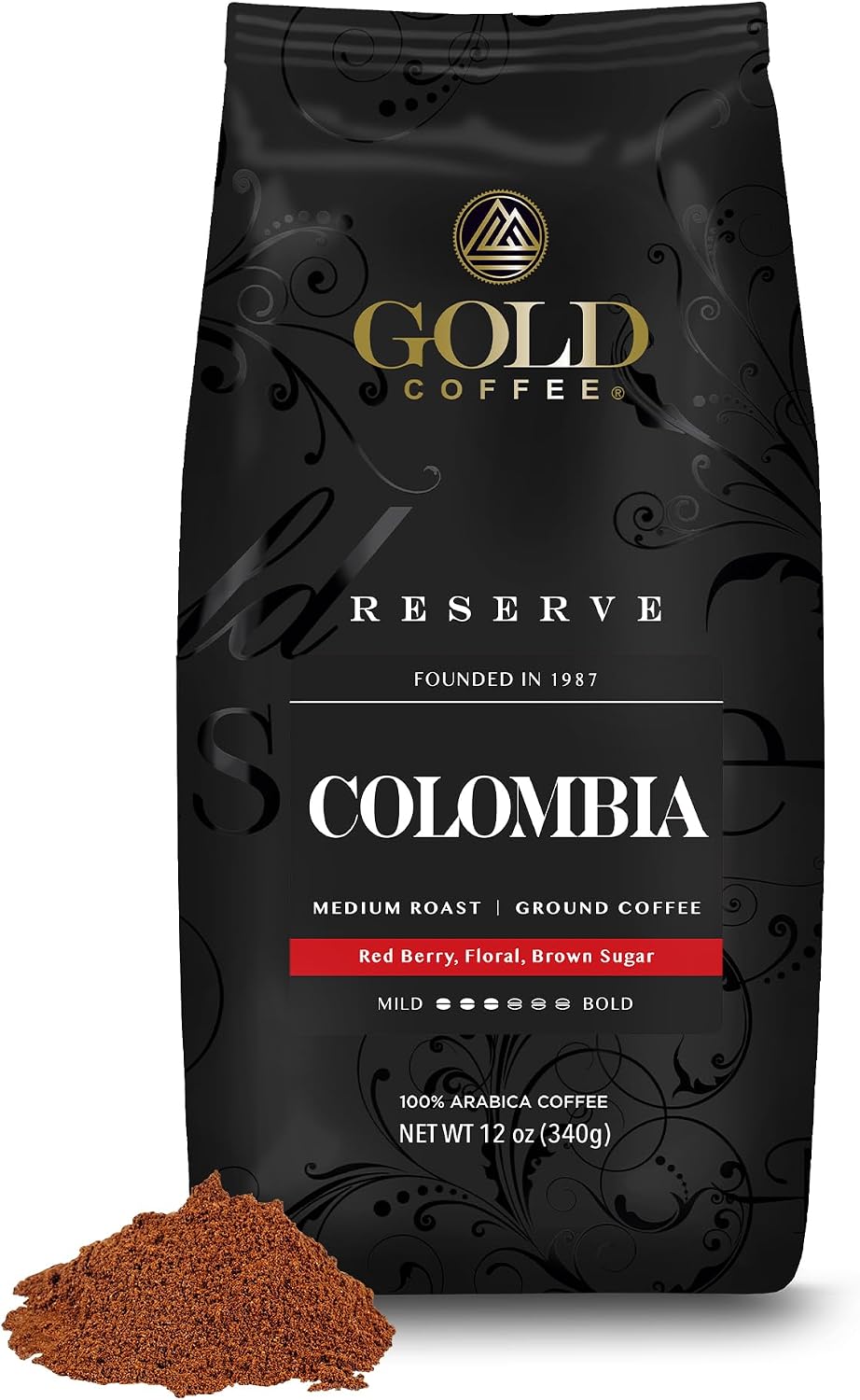 Gold Coffee Co. Premium Colombia Huila - Medium Roast Finely Ground 100% Colombian Coffee - Notes of Caramel, Brown Sugar, Green Apple, 12 Oz