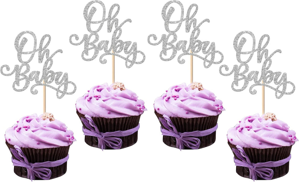 Rsstarxi 24 Pack Oh Baby Shower Cupcake Toppers Glitter Baby Shower Cupcake Picks Decorations for Boys Girls Gender Reveal Birthday Party Cake Decorations Silver