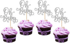 Rsstarxi 24 Pack Oh Baby Shower Cupcake Toppers Glitter Baby Shower Cupcake Picks Decorations for Boys Girls Gender Reveal Birthday Party Cake Decorations Silver