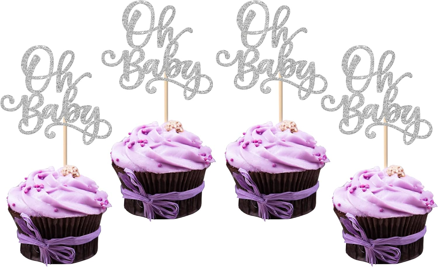 Rsstarxi 24 Pack Oh Baby Shower Cupcake Toppers Glitter Baby Shower Cupcake Picks Decorations for Boys Girls Gender Reveal Birthday Party Cake Decorations Silver