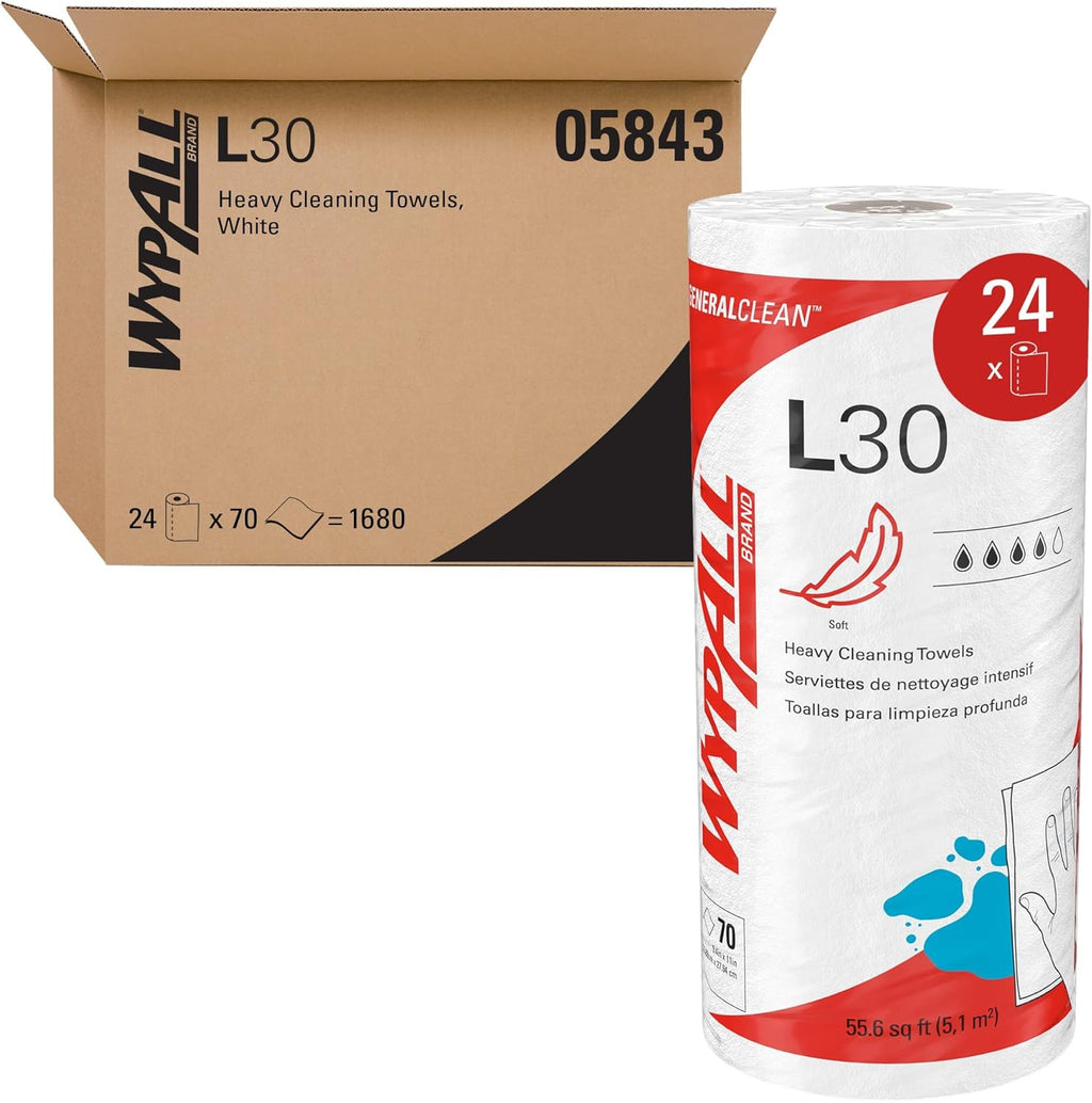 WypAll GeneralClean L30 Cloths Heavy Duty Cleaning Wipes (05843), Strong and Soft Bulk Paper Wipers, White (70 Sheets/Roll, 24 Rolls, 1,680 Sheet Total)
