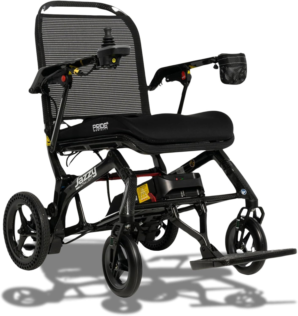 Pride Mobility Jazzy Ultra Light Folding Travel Power Chair - 300 lbs Capacity, 3.69 mph, Lightweight Foldable Electric Wheelchair for Travel Seniors, Adults – 20Ah Extended-Range Battery (Black)
